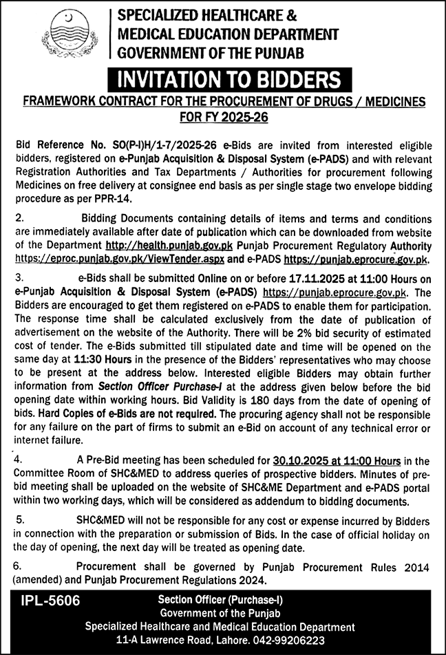 Medical Education Department Lahore Tender Notice
